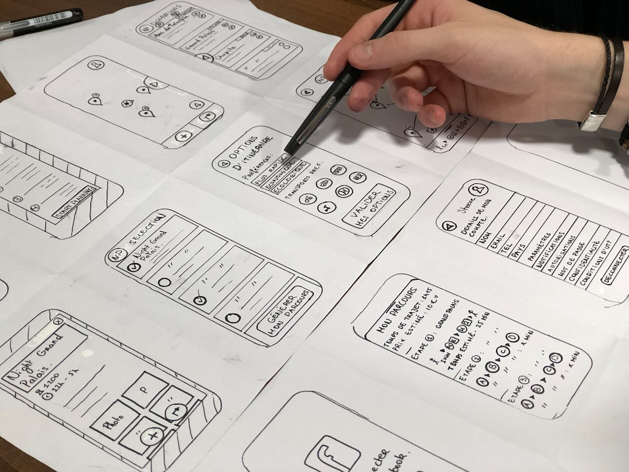 Handgezeichnete Wireframes auf Papier als Konzept für eine mobile App